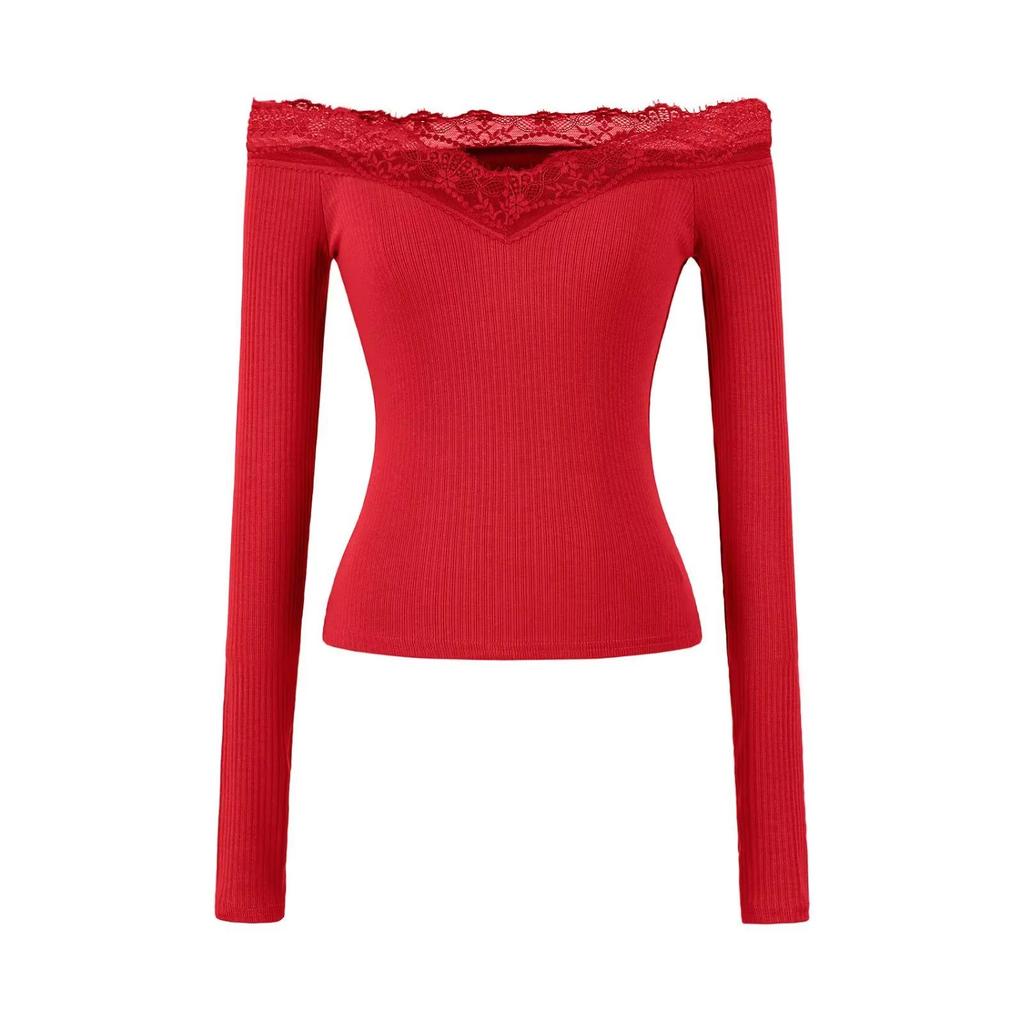 Elegant Lace One-Shoulder Long-Sleeve Women's T-shirt - 2026 Slim Fit, Classy & Off-the-Shoulder Style