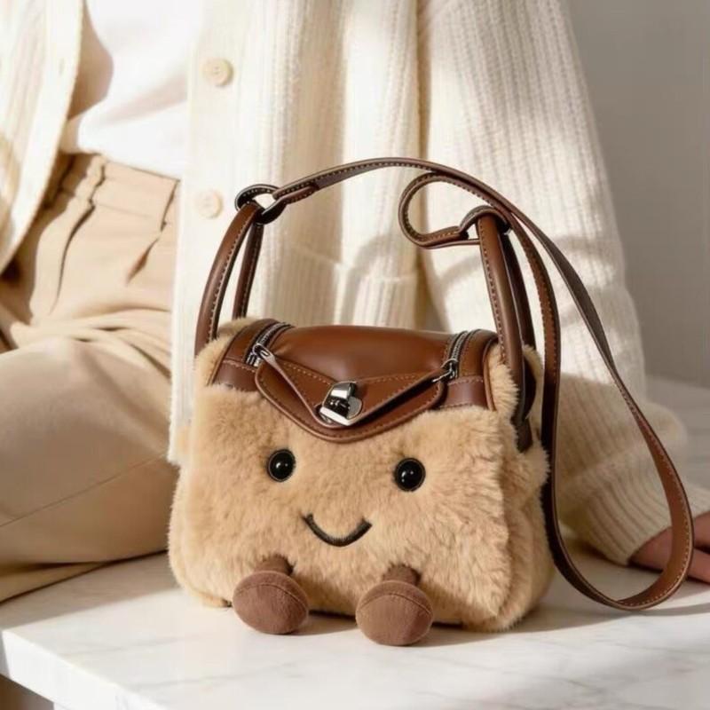 Sladká Roztomilá Plyšová Kabelka Dámská Hnědá Kreslená Velkokapacitní Taška Přes Rameno Dámská Patchworková Crossbody Taška Zimní Novinka