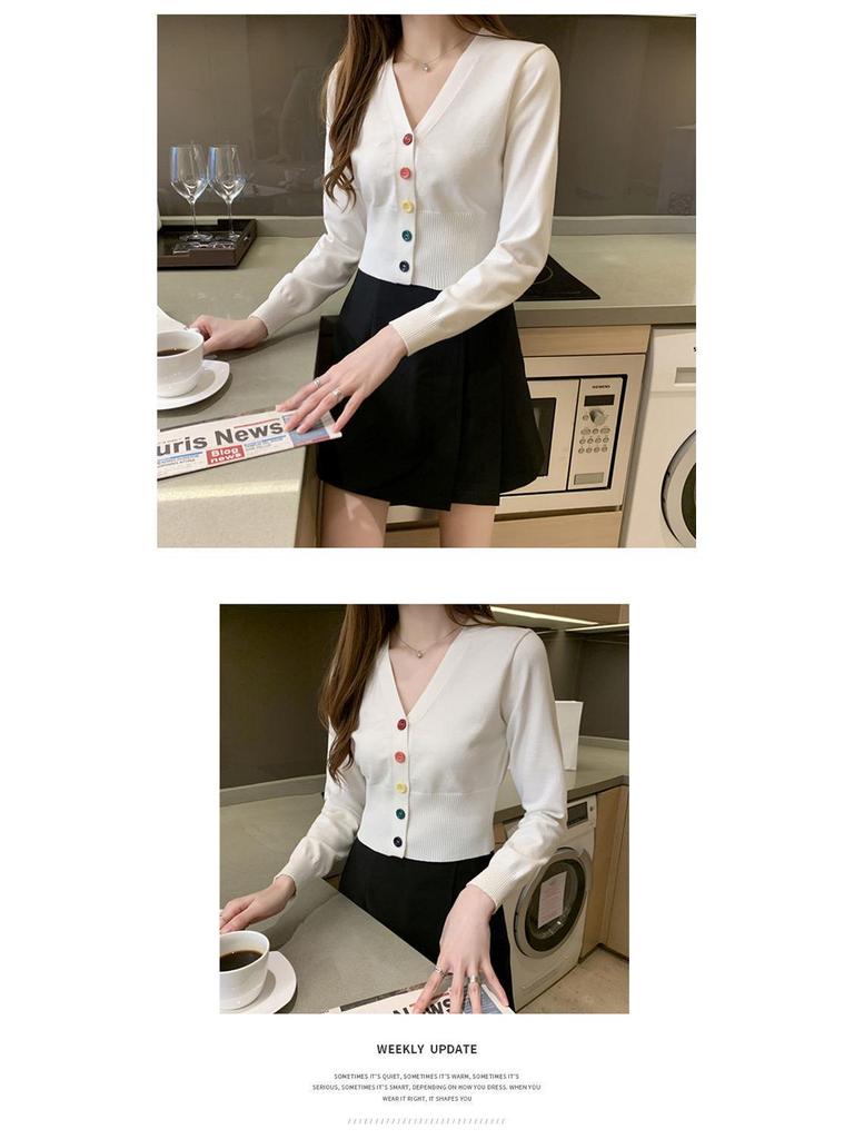 Women's Long Sleeve Slim Knit Cardigan with Colorful Buttons