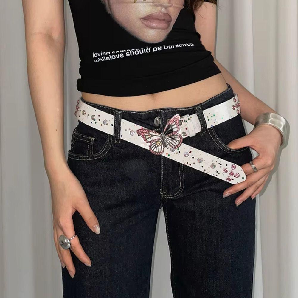 Sweet Y2k Jeans Belt Rhinestone Women's Waist Belt Casual Butterfly Buckle Waist Belt  Female