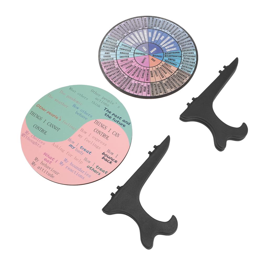 2 Pcs Feelings Wheel Wooden Relaxing Mood Calming Emotion Wheel Chart with Plastic Stand for Mental Health Type 1