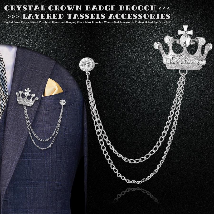 Silver Crown Brooch with Crystal Rhinestones and Double Layer Tassel