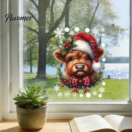 Waterproof PVC Bathroom Decor Christmas Window Clings, Cute Highland Cow Sticker with Santa Hat, Winter Creative DIY Home Remodeling Supplies