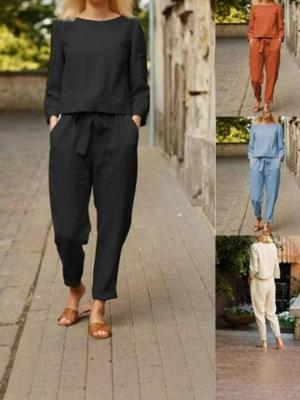 Leinen Damen Unifarben Freizeit Anzug - Retro Elastischer Bund Zweiteiliges Set für Frühling/Sommer