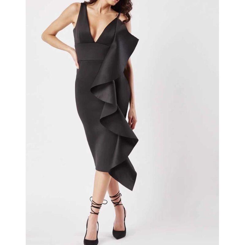 

Export Single Super High Texture Ruffles Slim-Fit Figure Flattering Space Cotton Sling Elegance Beautiful Sexy Dress Women Black XL