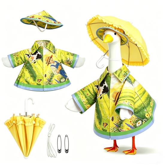 1 Set Porch Goose Outfit Waterproof Goose Raincoat Hat And Umbrella Summer Goose Floral Costume Fits 23 Inch Lawn Goose Statue Outdoor Decor Garden