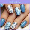 Blue American European Floral Nail Tips Set 24 Medium Rectangular Pieces