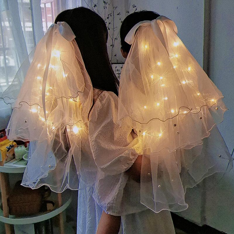 Hochzeit Schleier mit Clip/Kamm Haarschmuck für Bräute Mädchen Tüllschleier mit Rand und Lichterkette 8 Farben
