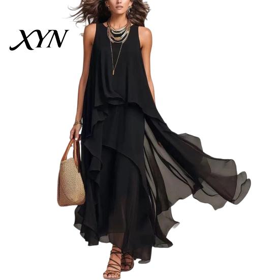 Fat Hiding Loose Dress Women's Flowy Chiffon Dress, Sleeveless Crew Neck Asymmetrical Hem Plus Size Women Long Summer Layered Cocktail Wedding