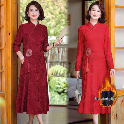 Chinese Style Velvet-Enhanced Elegant Long Sleeve Qipao for Middle-Aged & Elderly Women