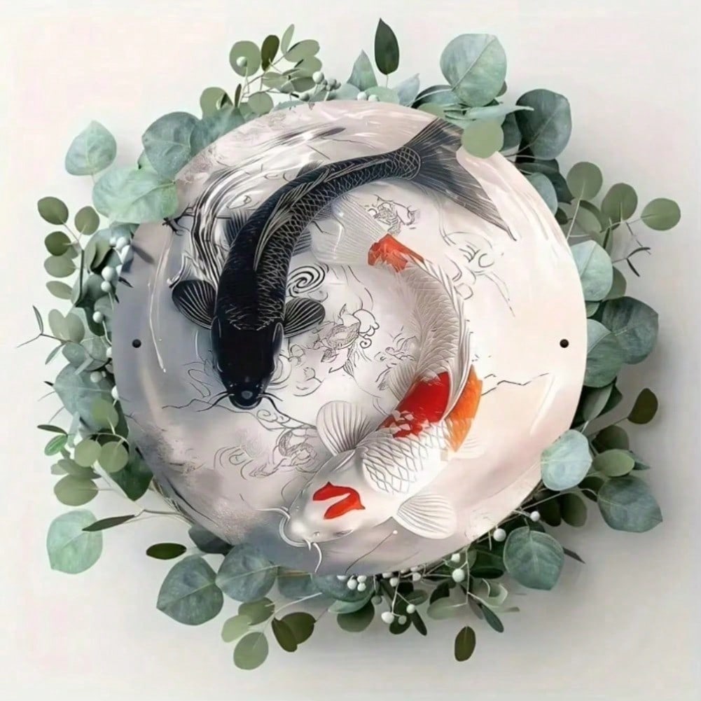 2D Iron Art Koi Fish Wall Decor, Black White Red Orange Metal Painting for Home Office Restaurant Bar
