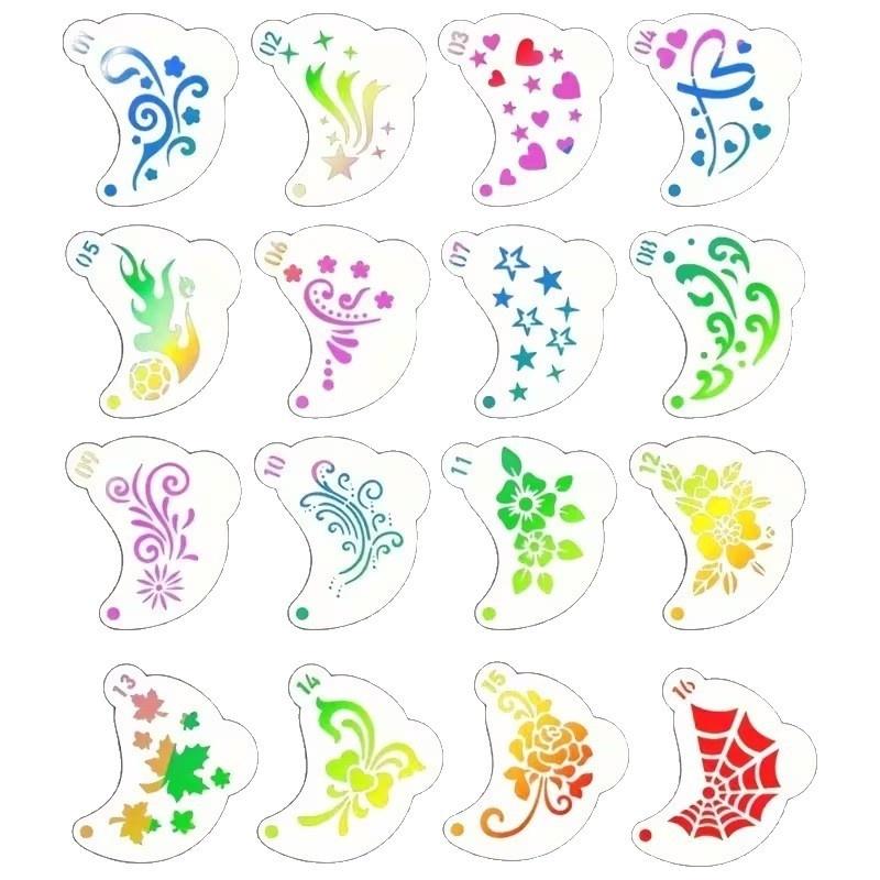 16Pcs Durable Pet Plastic Washable Template Reusable Face Painting Stencils With Assorted Floral Spiderweb Heart Designs