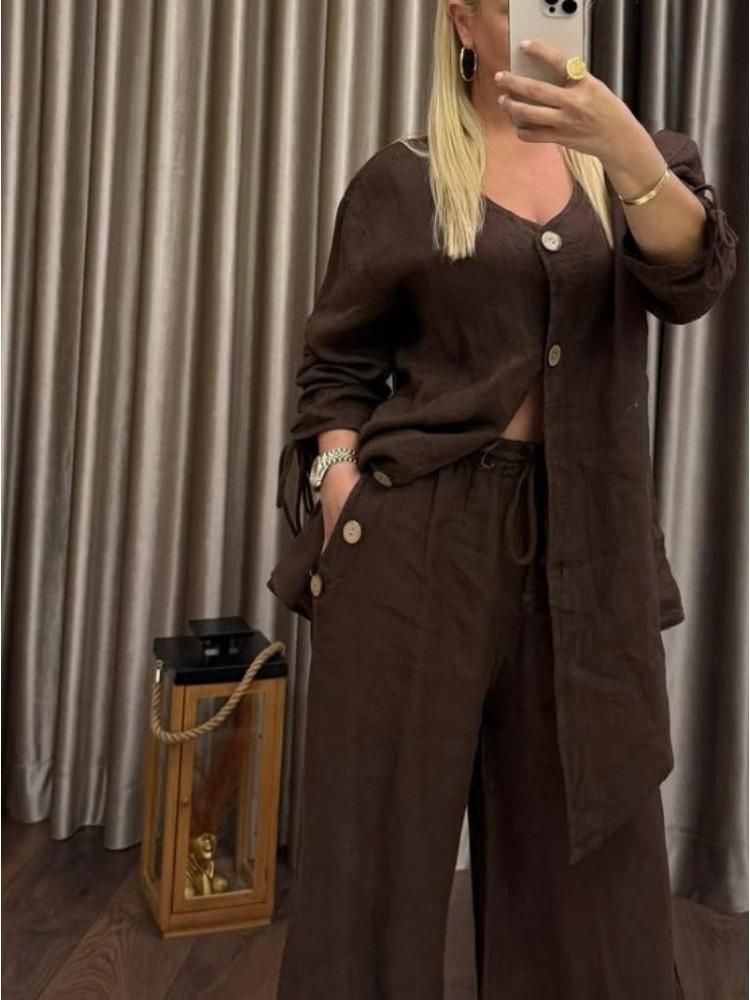 Women's V-Neck Button Down Cardigan and High Waisted Wide Leg Pants Set, Long Sleeve Tie Waist Top with Pockets, Solid Color Casual Loungewear
