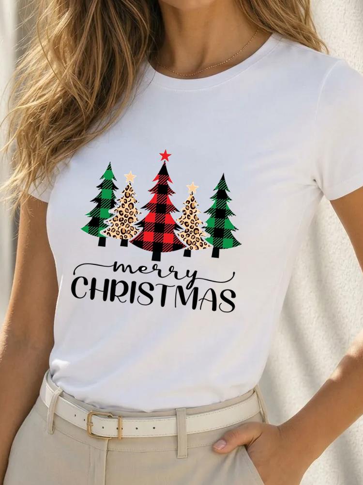 (Asian Size) Short Sleeve T-shirts Happy Festival Merry Christmas Fashion Women's Top O-neck T Shirt Print Casual New Year Clothing Graphic Tee