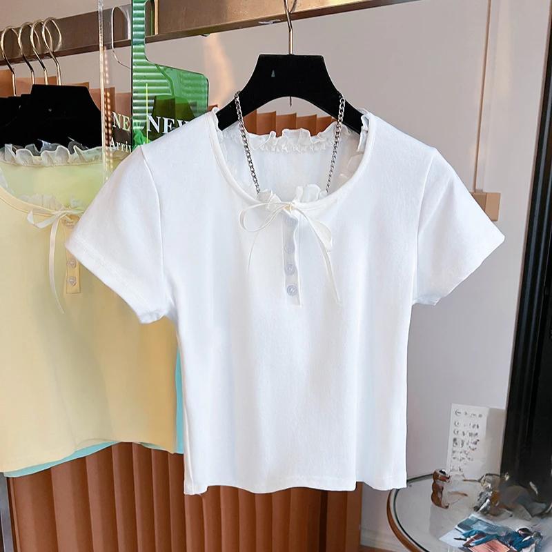 Női nyári rövid ujjú pólók koreai tiszta pamut egyszínű póló O nyakú csipke betétes crop top póló női alkalmi karcsúsított póló