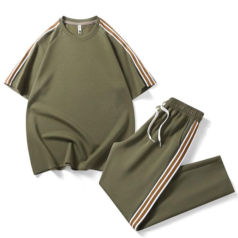 Striped Short-Sleeve Men’s Lightweight, Breathable Sports Suit – Men’s T-Shirt and Long Pants Two-Piece Set