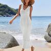 Women Beach Cover Up Sundress V Neck Crochet Hollow Out Maxi Dress Knitted Adjustable Straps Sun Protection Beachwear