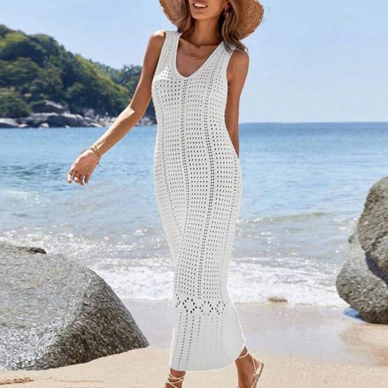 Dame Strand Cover Up Solkjole V-hals Heklet Hul Ut Maxi Kjole Strikket Justerbare Stropper Solbeskyttelse Strandklær