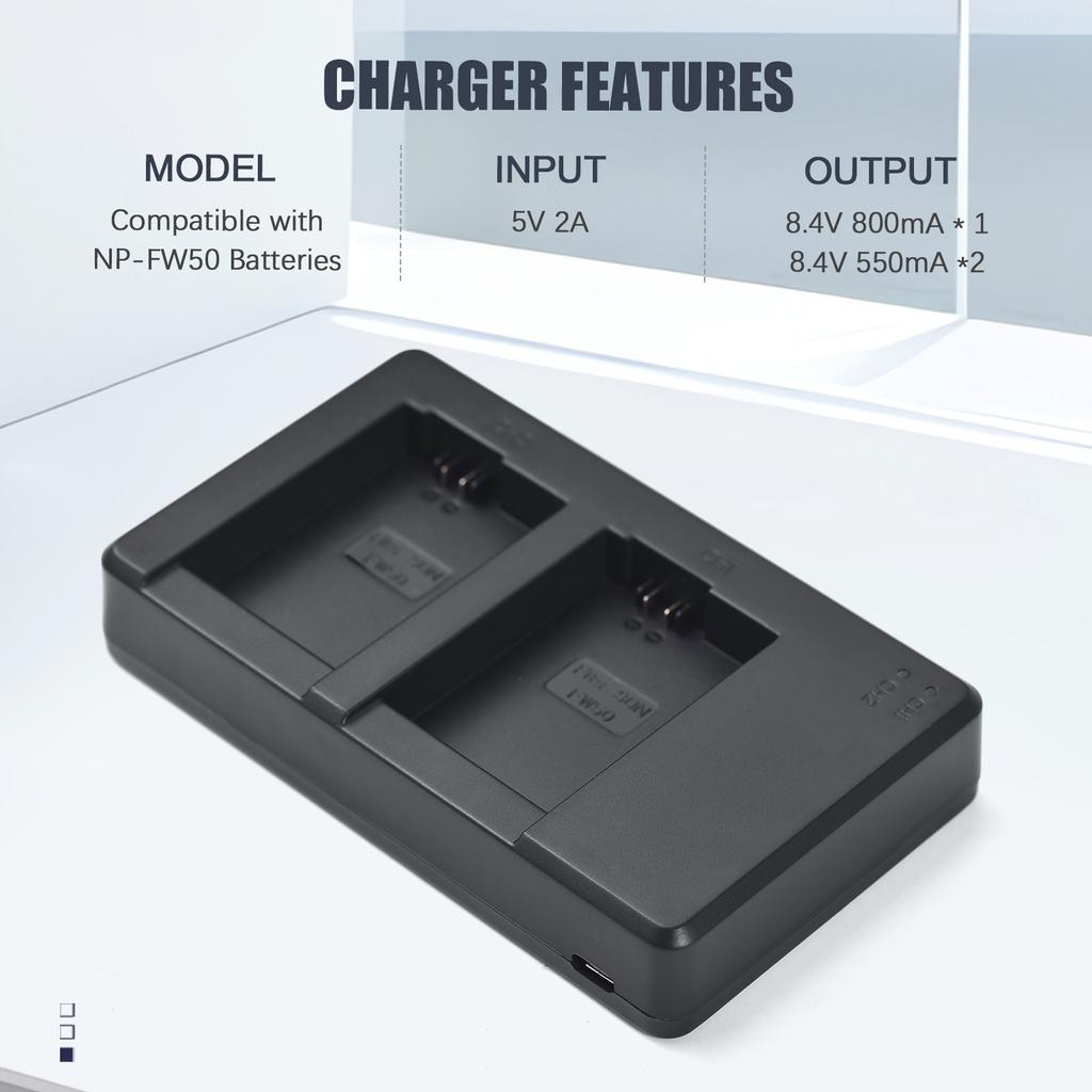 Camera NP-FW50 Battery & Charger Kit with 2-slot Battery Charger + 2pcs NP-FW50 Batteries 7.4V