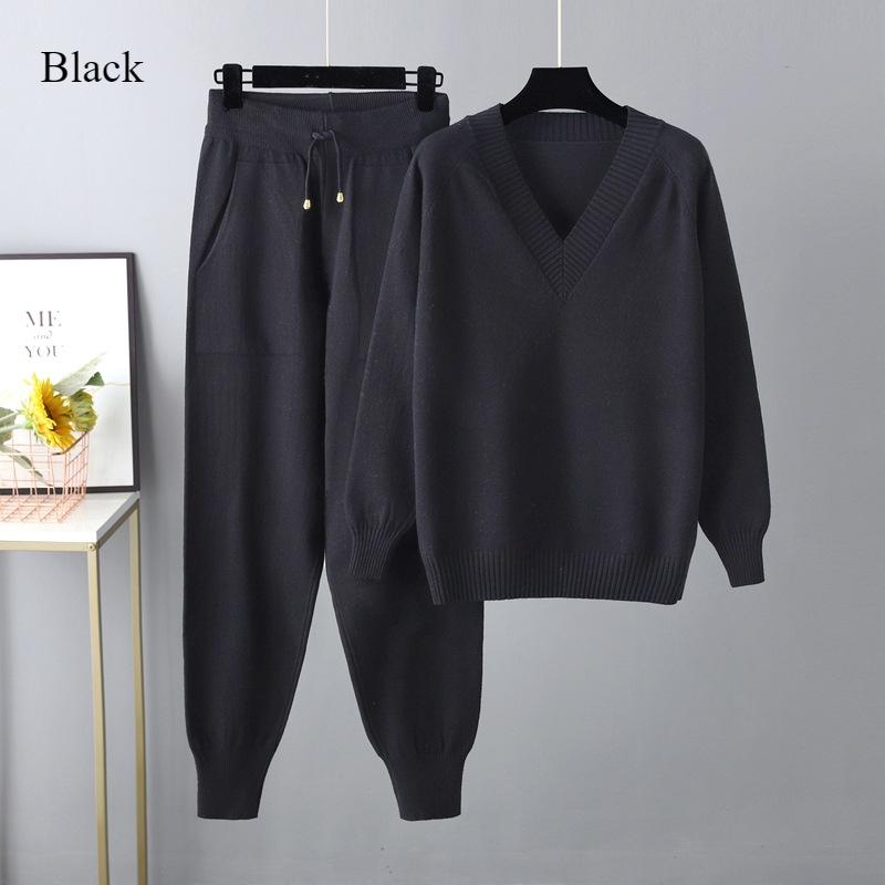 Autumn and Winter New Sweater Harlan Pant Suit Casual Jumper Women's Thick Warm Fashion Solid Color Knitwear