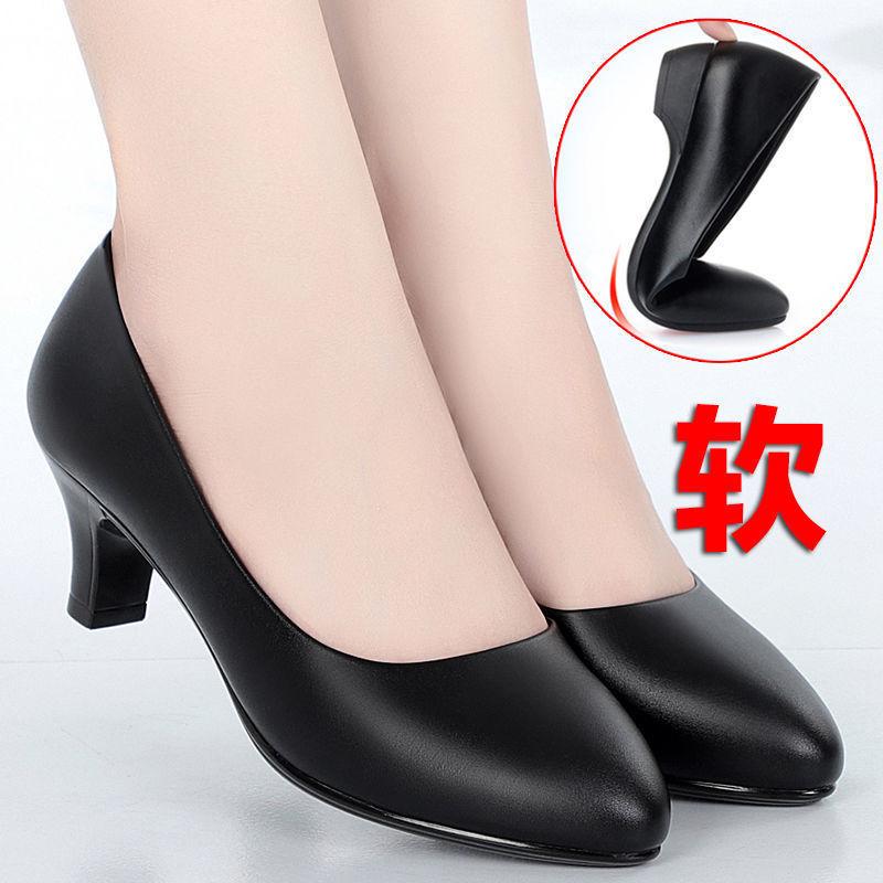 thick heel shoes black versatile middle heel mother single shoes dress leather shoes flight attendant professional shoes commuter women's shoes