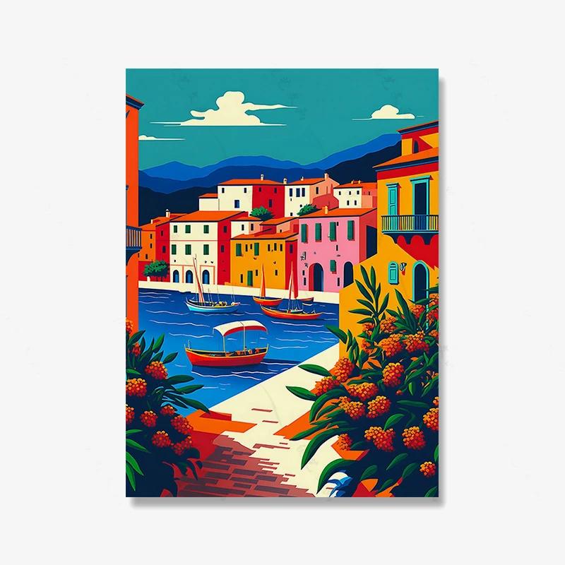 

Итальянский пейзаж Арт Плакат Морской пейзаж Картина маслом Абстракция Круиз на пристани Печать на холсте Гостиная Домашний декор Набор из двух постеров 21x30cm No Framed
