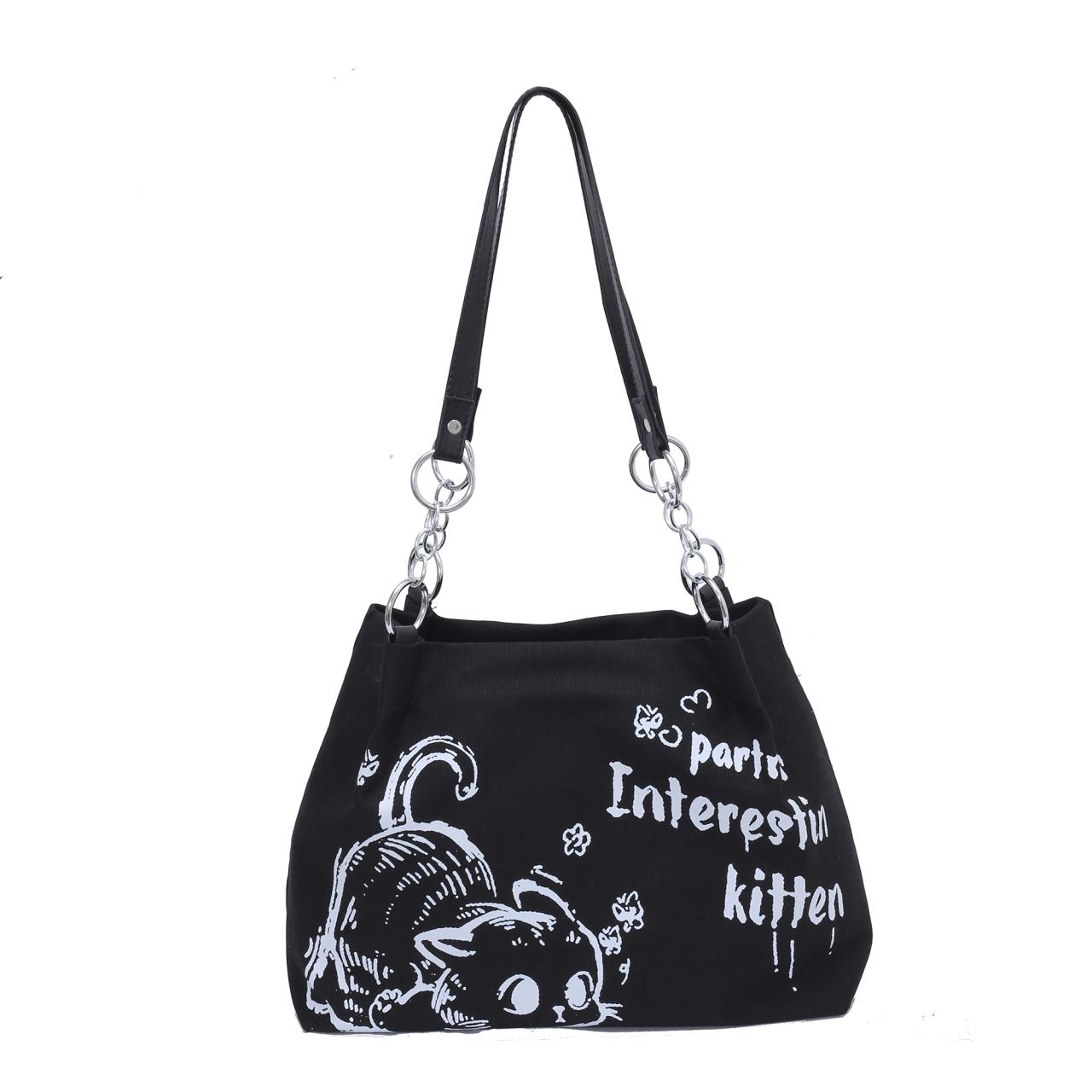 

Women s Canvas Tote Bag with Cartoon Kitten Print - Large Capacity Student Schoolbag & Commuter Shoulder Bag