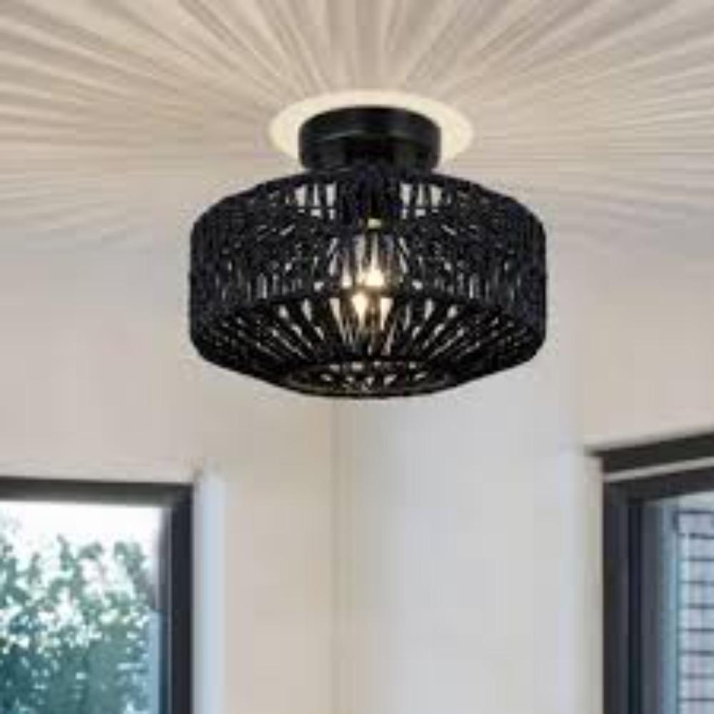 Black French Farmhouse Retro Chandelier Handmde Straw Jute Shade Iron Frame Rustic Ceiling Lighting for Bedroom Living Room