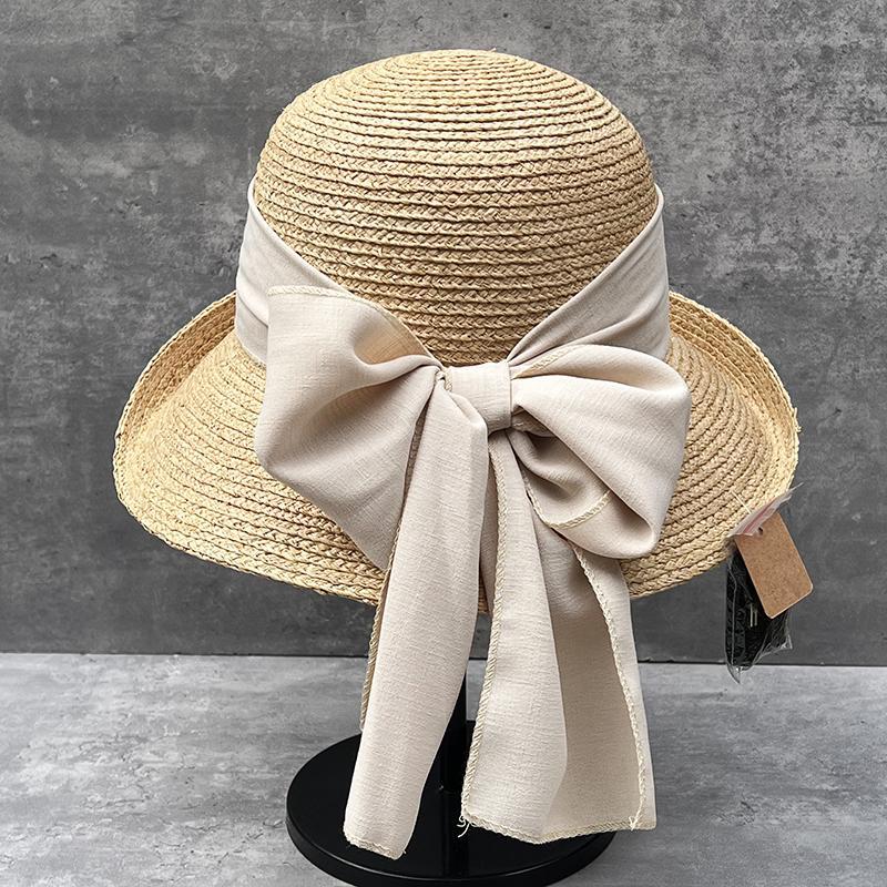 Lafite Bucket Hat Women'S Summer Hepburn Style Straw Hat Curled Brim Big Brim Bow Streamer Basin Hat Travel Visor