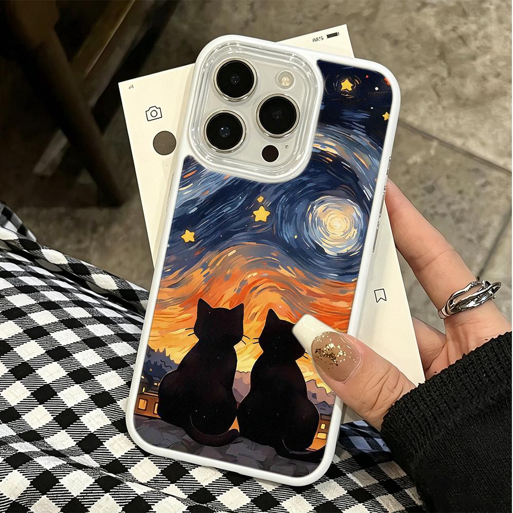 Oil Painting Black Cat  Hard Case For Iphone 17 16 15 14 13 12 11 Pro Max Air Protective Shockproof Coque Phone Cover