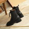Echtes Leder Winter Schnürstiefel Damen Mode Eckige Zehenpartie Blockabsatz Stiefeletten Plateauschuhe Damenschuhe Überkreuzt