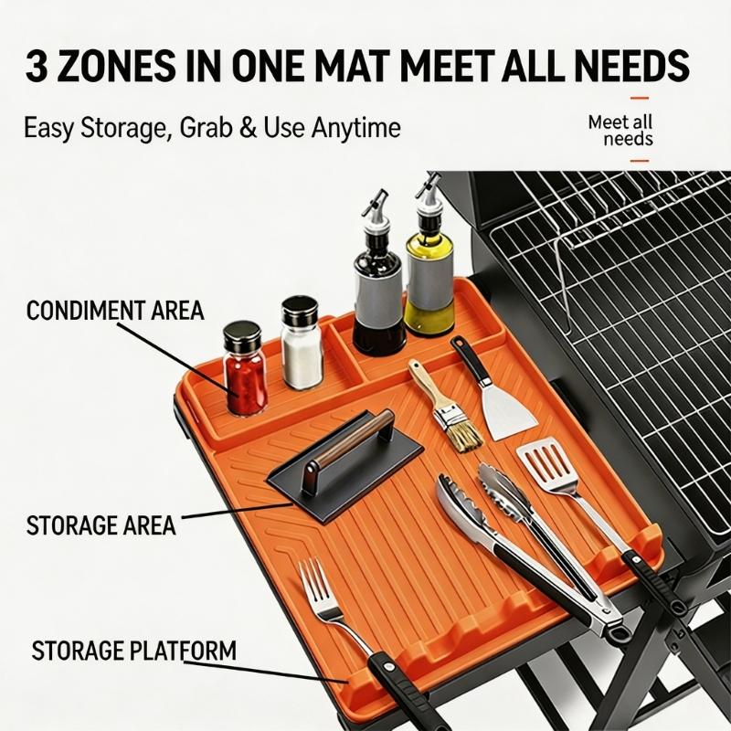 Outdoor Barbecue Shelf Pad for Serving Changes, Flexible BBQ Side Pad with Split Bays, Spill Lip and Rest Cuts