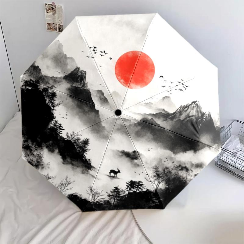 узор с пейзажной картиной, автоматический складной зонт, портативная и складная конструкция, 8 спиц, рождественский или подарочный на день рождения.