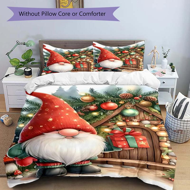 3pcs Christmas Gnome Bedding Set, Includes One Quilt Cover and Two Pillowcases (No Core), Anime Cartoon Design