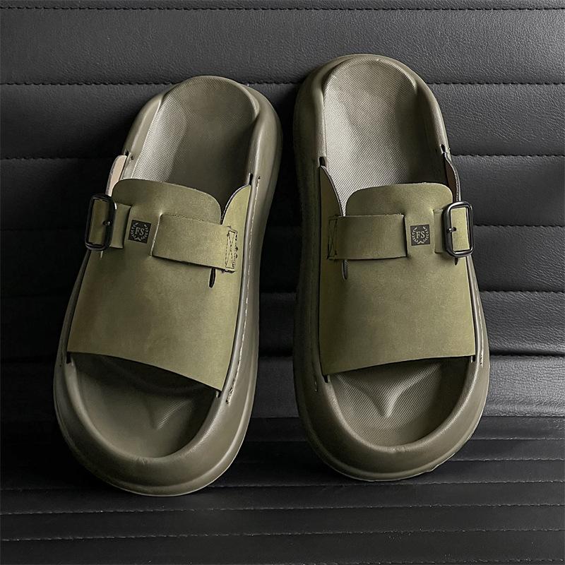 Slippers men's new outer wear casual sports thick-soled wear-resistant wading one-word beach shoes 371217 olive green-J