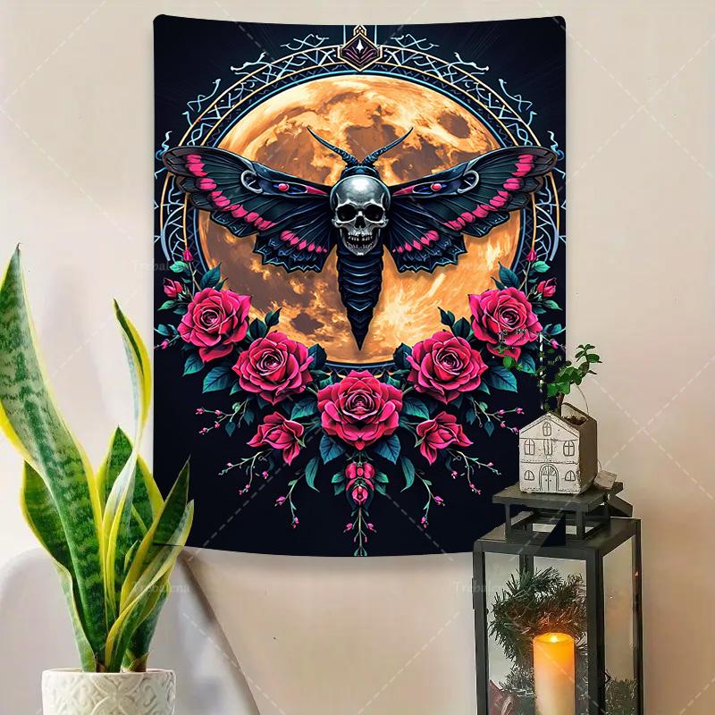 1pc Wall Tapestry Skull Moth Tapestry with Roses and Full Moon, Gothic Boho Wall Art Decor