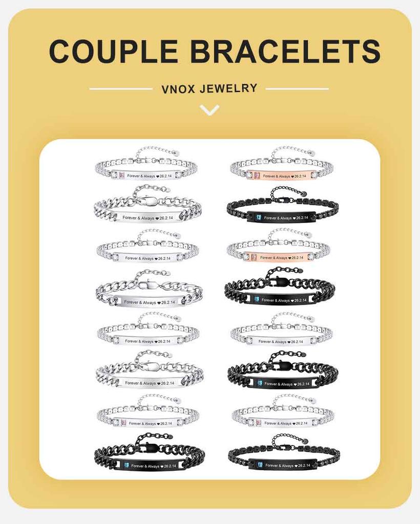 Vnox Free Custom Couple Bracelets for Men Women, Stainless Steel Adjustable Chain Wristband, Valentine's Day Birthday Gift New