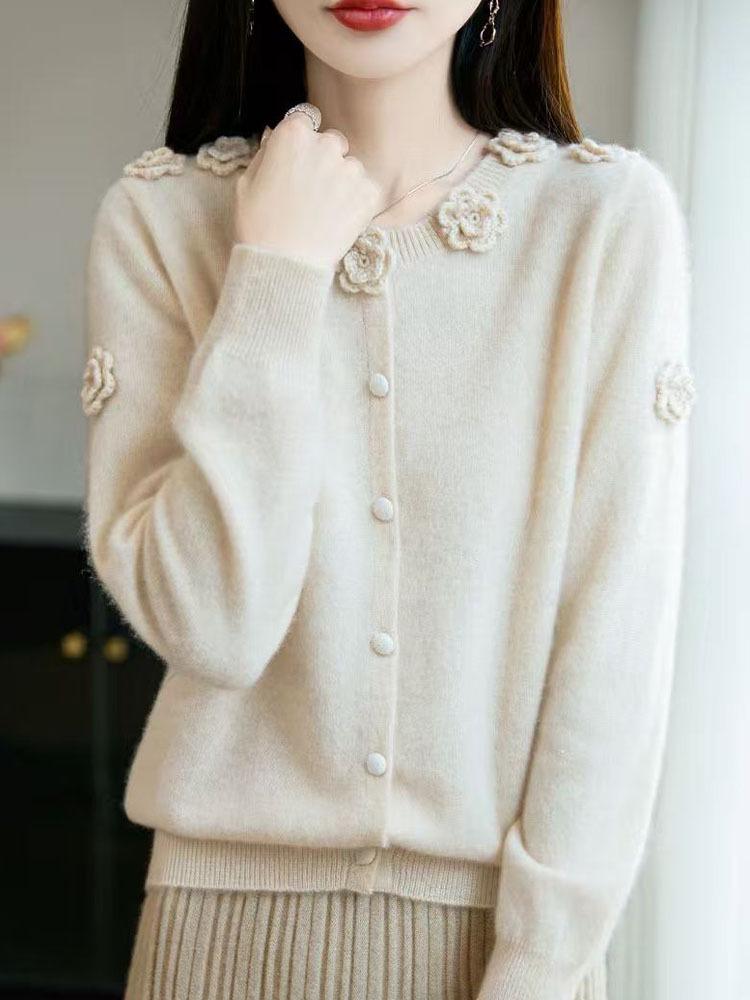 2025 Women's Hand-Crocheted Wool Sweater - Nine Roses Cardigan, Round Neck, Long-Sleeved Coat