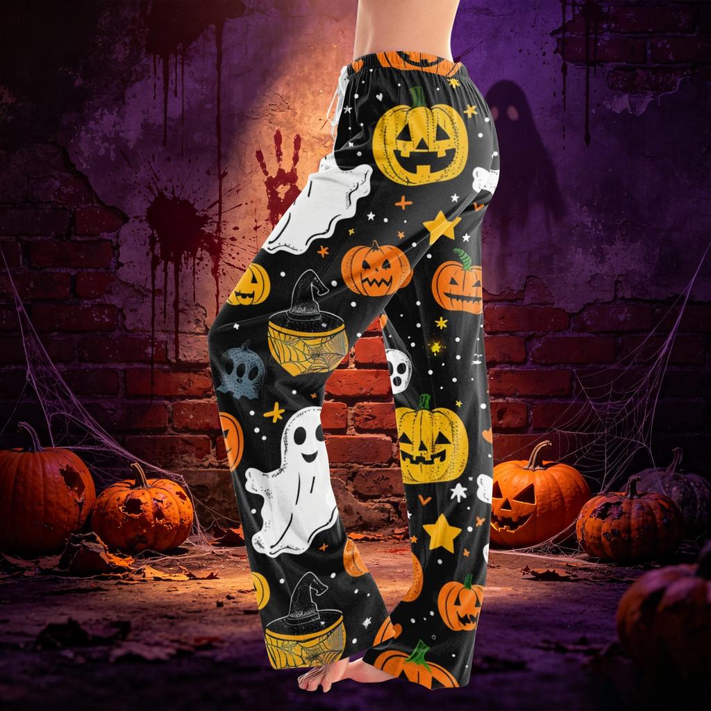 Women Drawstring Waist Halloween Print Long Pants Relaxed Fit Casual Trousers for Seasonal Festive Wear