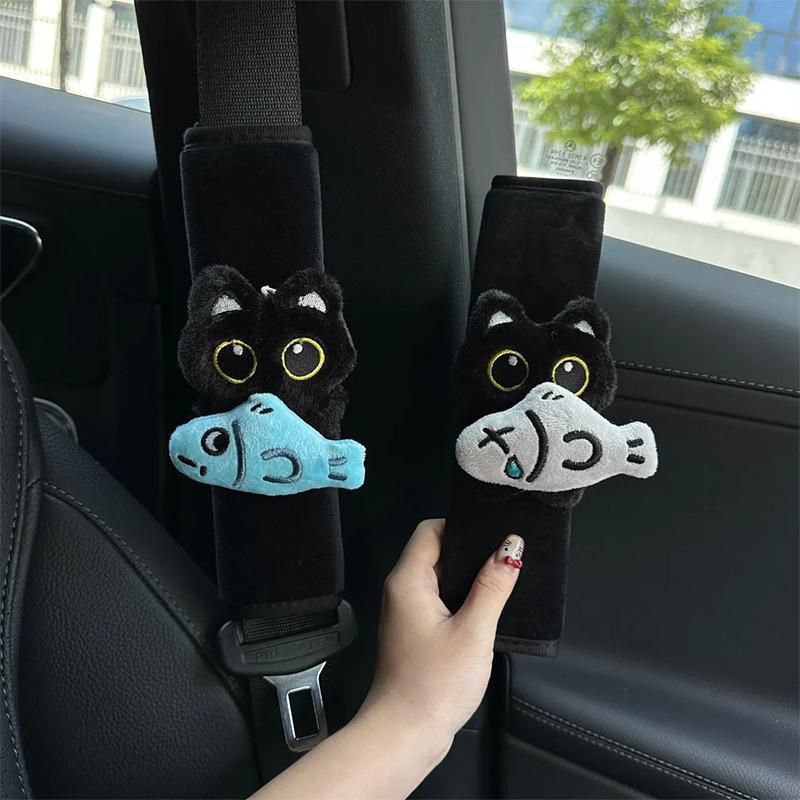 Car Seat Belt Shoulder Pads Soft Plush Black Cat Fish Print Anti-Rub Protector for Auto Decoration Travel Use