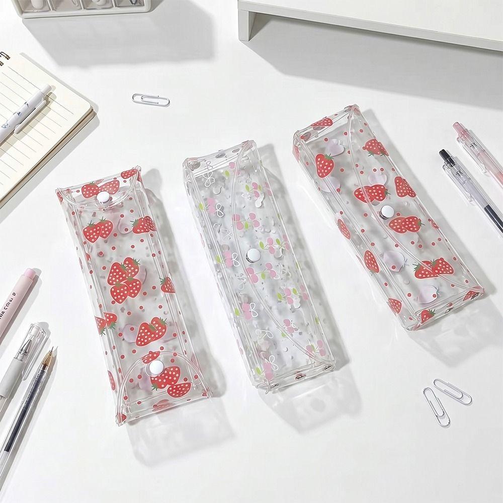 Transparent Pen Bag Strawberry/Cherry Print Stationery Pouch Simple Pencil Pouch Students Gift