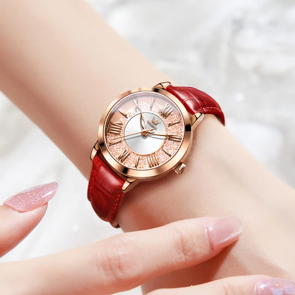 OLEVS Watch Popular Quartz Arm Watch Rose Gold Diamond Quicksand Dial Glitter Waterproof Luminous Present Day Leather Strap Red Women's Mother's