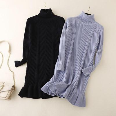 Outono inverno feminino fino interior meio alto pescoço cor sólida manga longa fishtail vestido de malha camisola