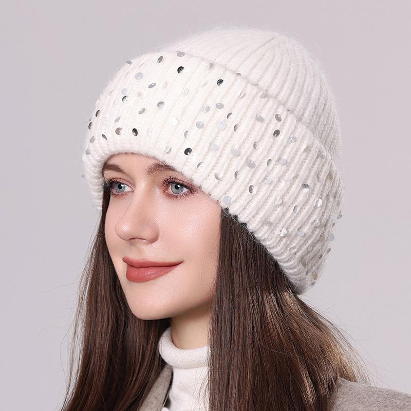 Pletená čepice z králičí kožešiny se sekviny Zimní teplá vlněná čepice Módní dámská čepice přes hlavu s ochranou uší