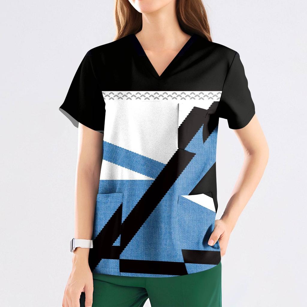 Women's Fashion Printed Short Sleeve V Neck Pattern Tops Pocket Working T-shirts