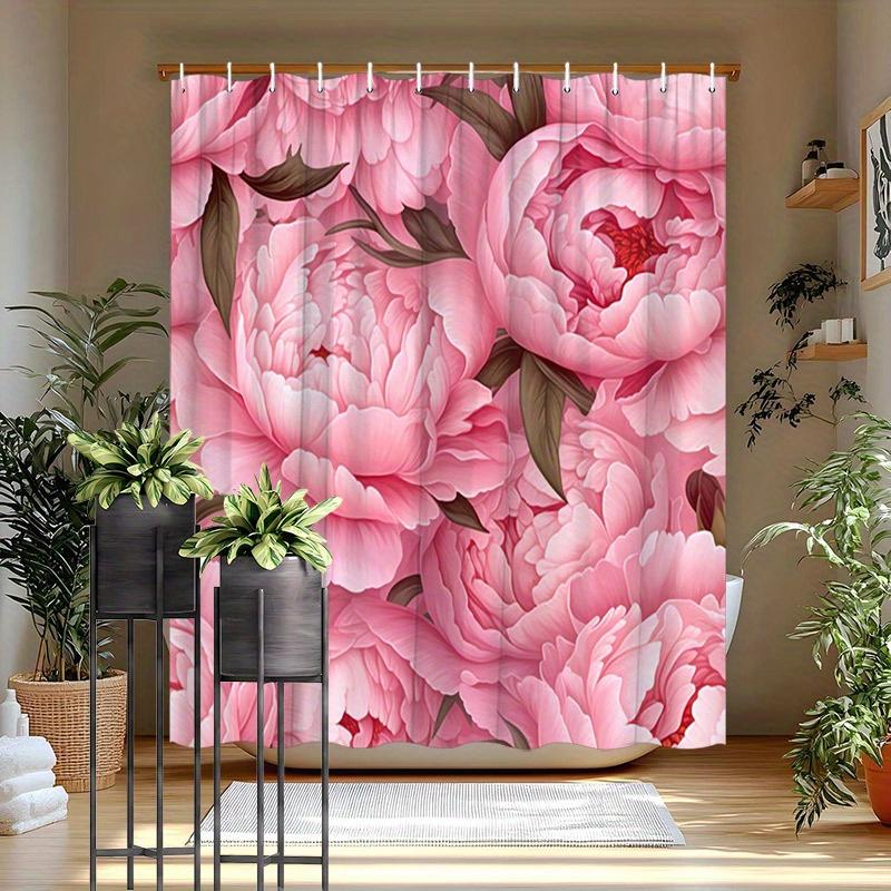 1Pc Pink Peonies Shower Curtain - Full Blooming Flowers & Dark Green Leaves, Polyester, 70.8X70.8", 12 Hooks, Elegant Decor