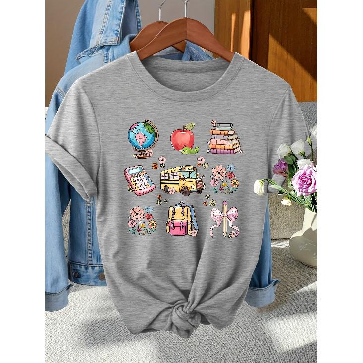 Back-to-School Season Fashionable and Elegant Pencil and Other Campus-themed Pattern Printed Round-neck Short-sleeve Shirt T Women's Shirts for