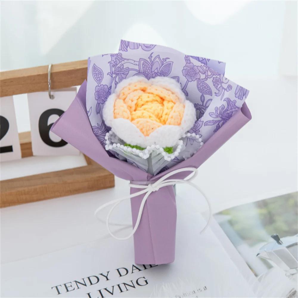 Single Woolen Knitted Flower Bouquets Rose Puff Sunflower Crochet Fake Flowers Small Home Decor Valentine's Day Gifts