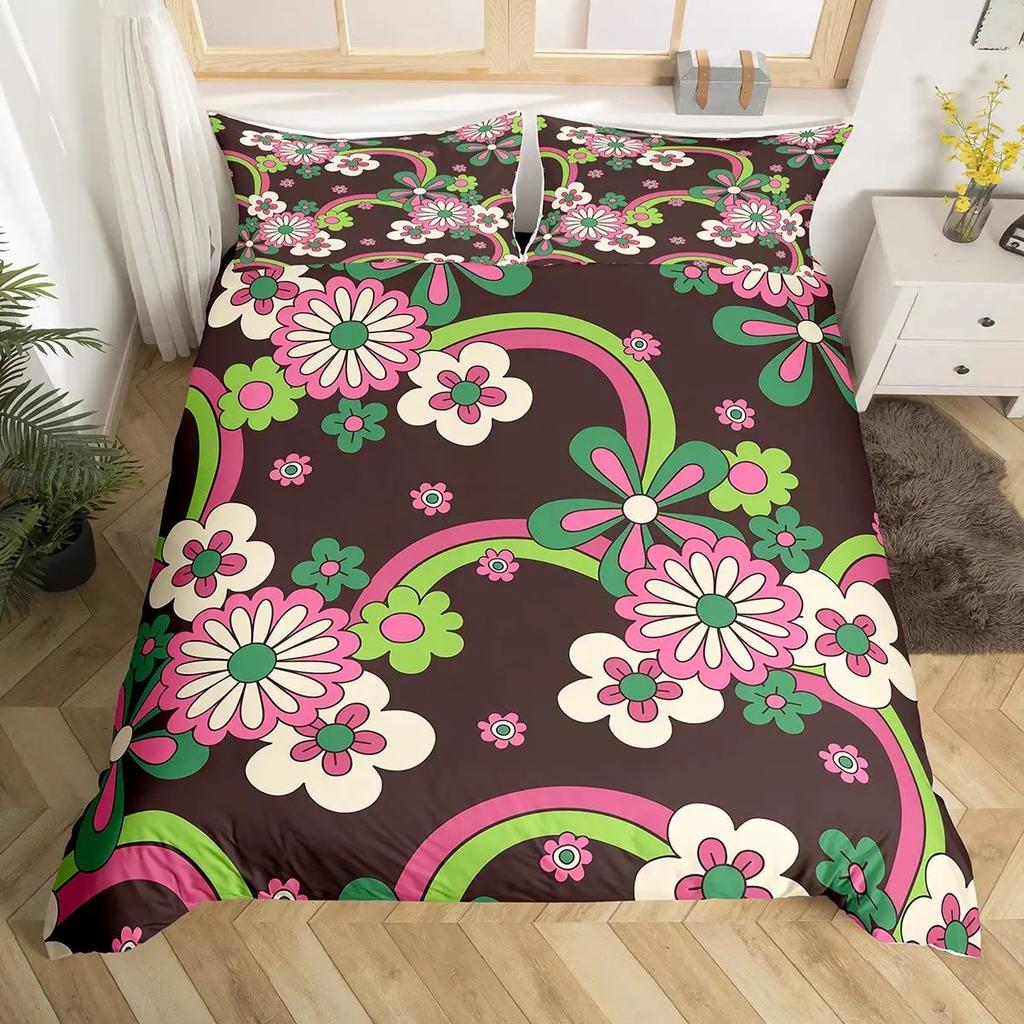 Hippie Flower Duvet Cover Set Boho Mandala Bedding Set Microfiber Groovy Flowers Comforter Cover King for Girls Women Room Decor
