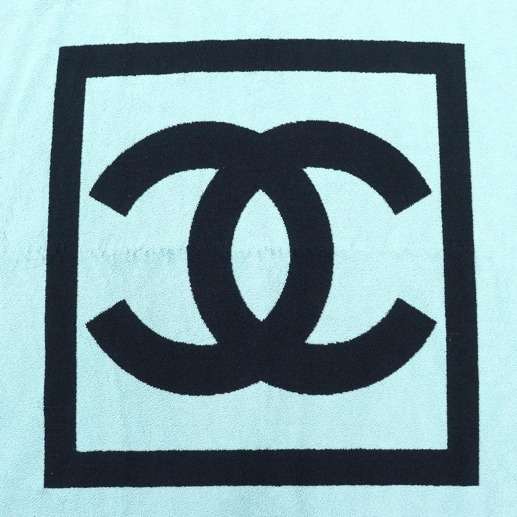 Great CHANEL COCO Mark Large Bath Towel and Towel Blanket Light blue black Used